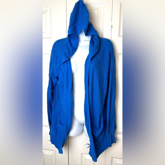 Anthro SPARROW Crystal Coast Cardigan Sweater Blue Pointelle Knit Linen Hoodie - Picture 3 of 14